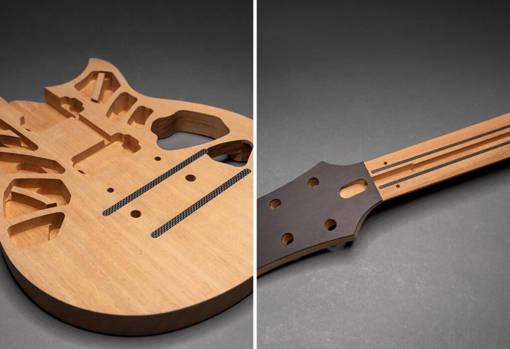 Corps de guitare ouvert et manche : les pièces de l’instrument — photographie Yamaha