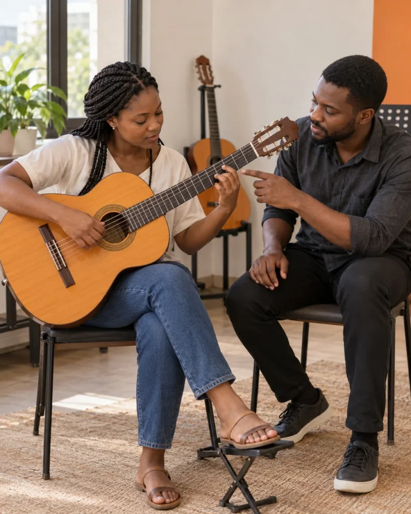 Illustration d’un coach guidant une adulte à la guitare dans un studio lumineux