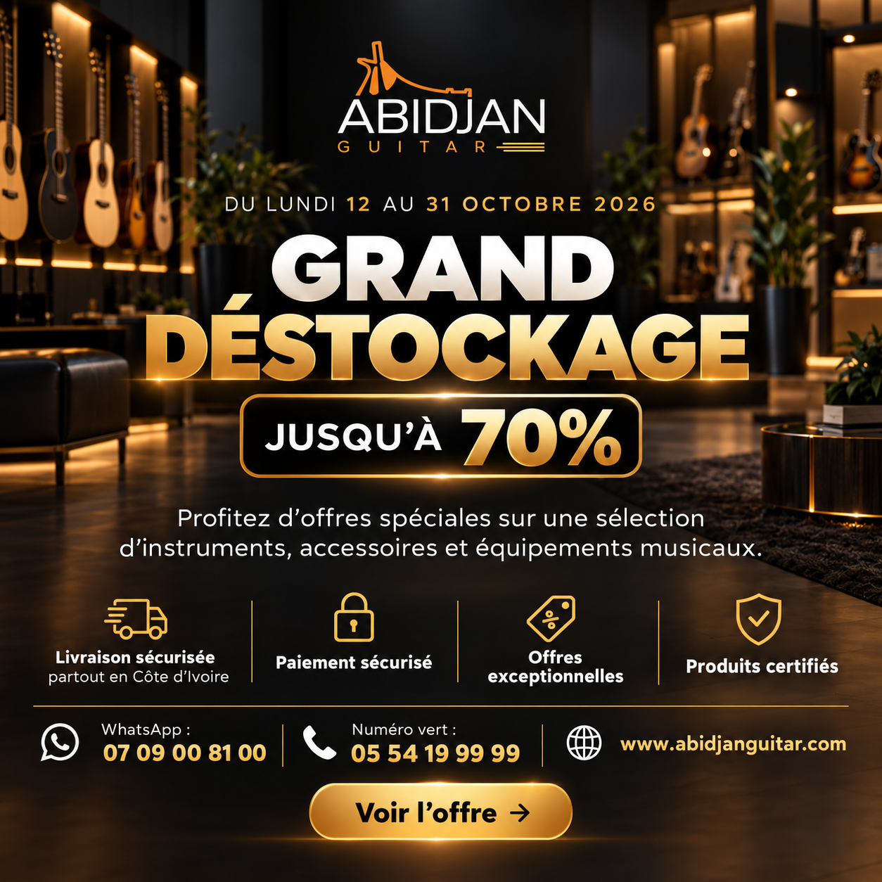 Visuel original du Grand déstockage Abidjan Guitar, jusqu’à 70 %, du 12 au 31 octobre 2026