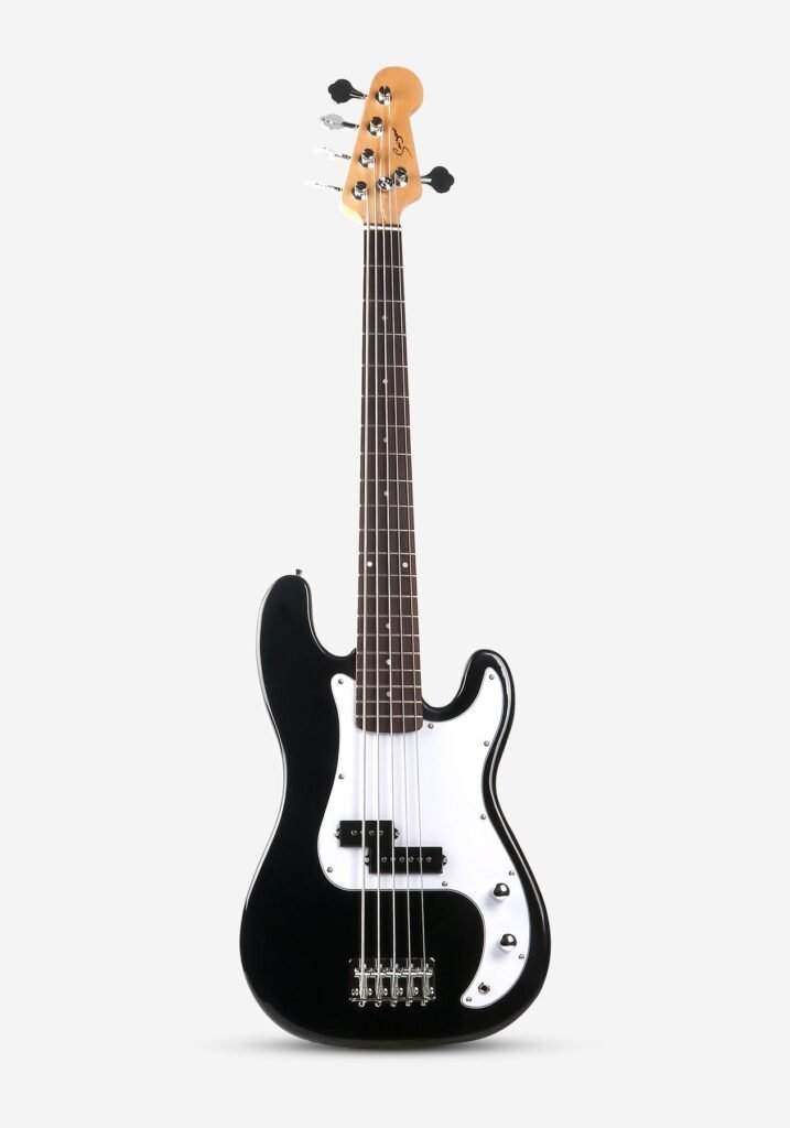Basse Smiger G-B1-5 noire, cinq cordes, vue de face.