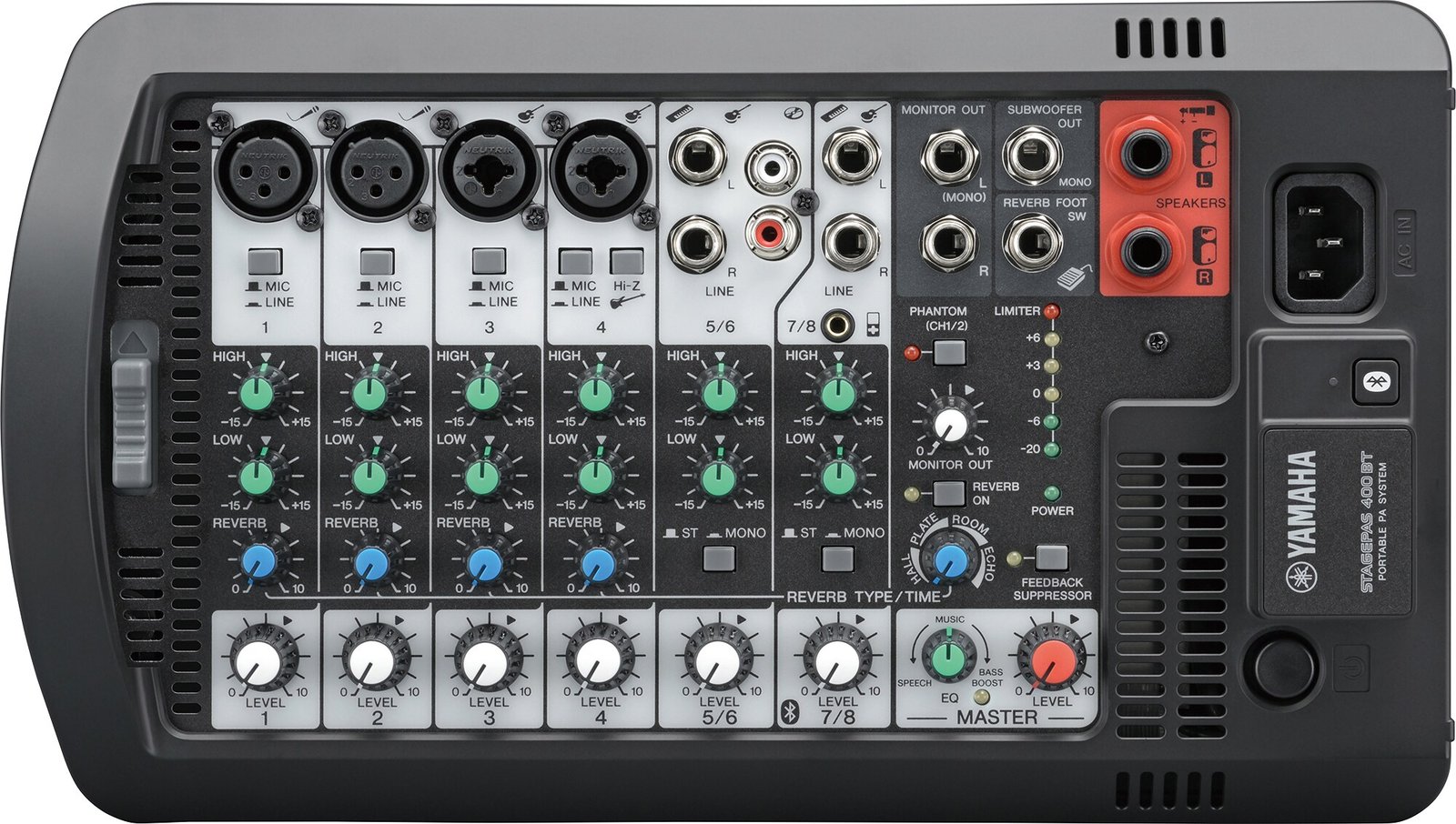 Commandes et connexions du mixeur Yamaha STAGEPAS 400BT