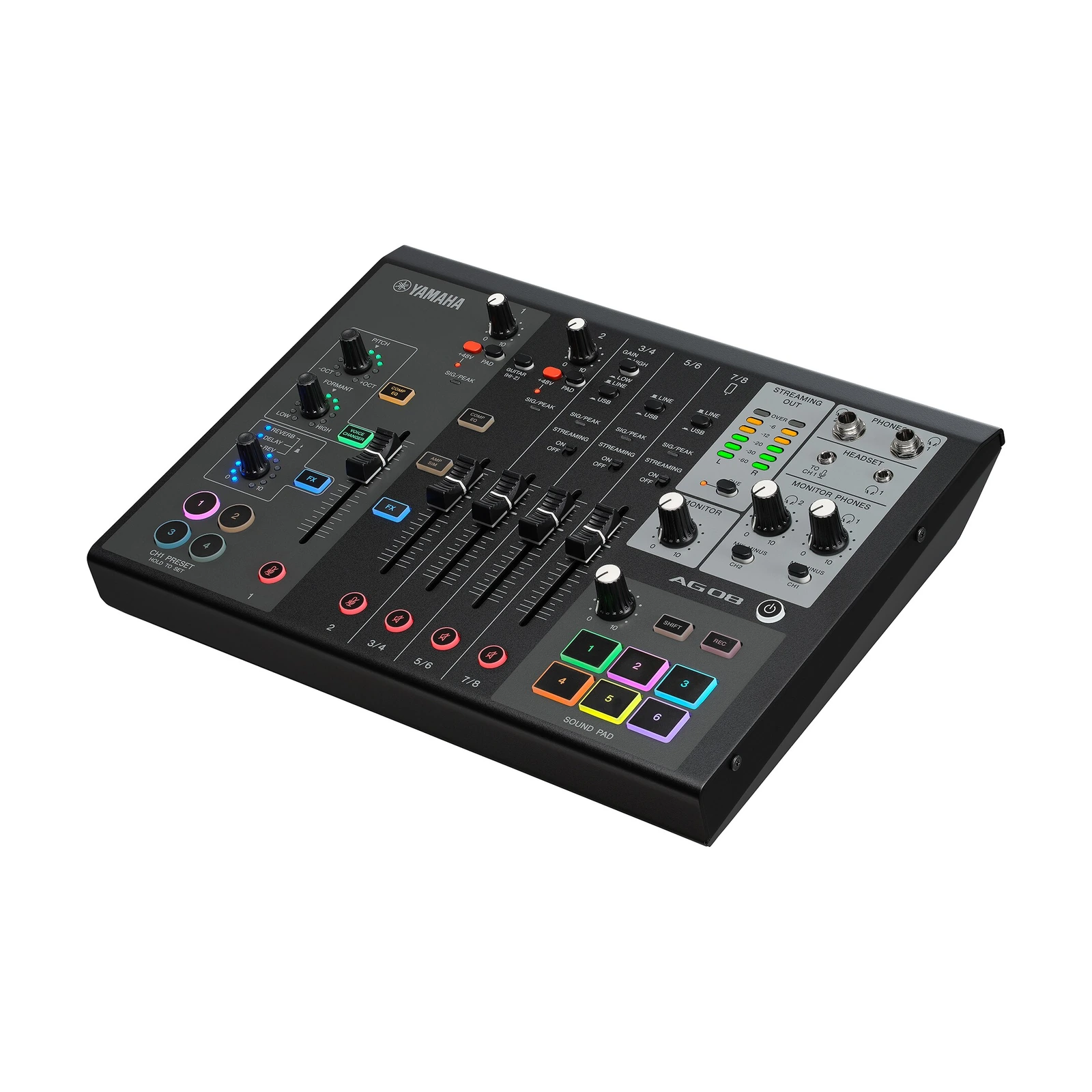 Console de streaming Yamaha AG08 noire vue en perspective