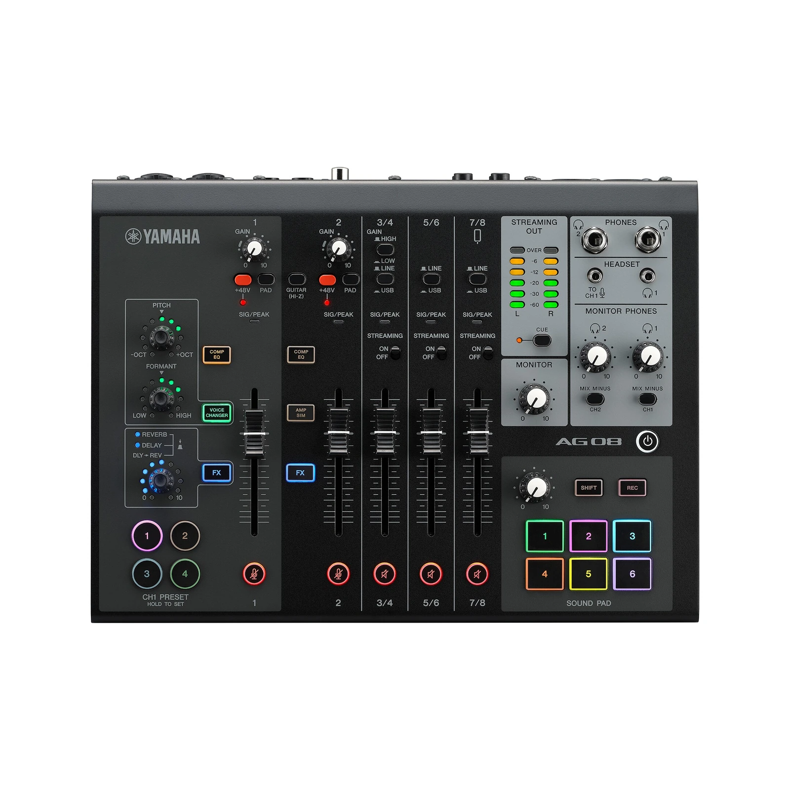Commandes et faders de la console Yamaha AG08 noire