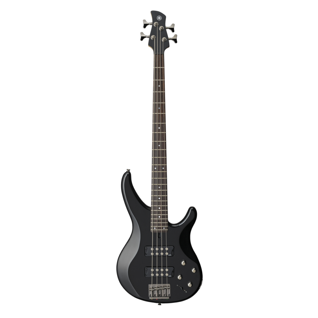 Yamaha TRBX304 noire, basse électrique quatre cordes, vue de face.