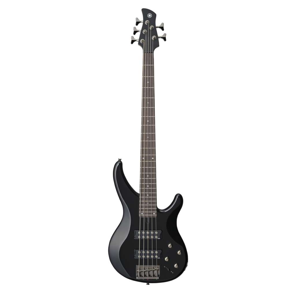 Yamaha TRBX305 noire, basse électrique cinq cordes, vue de face.